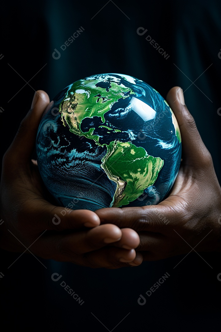 Mão segurando um globo terrestre azul