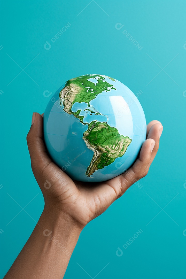 Mão segurando um globo terrestre azul