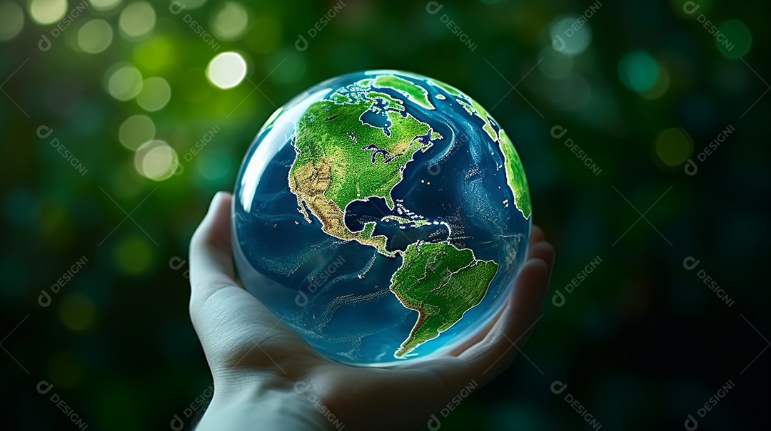 Mão segurando um globo terrestre azul