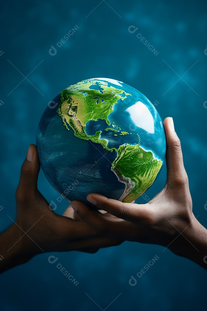 Mão segurando um globo terrestre azul