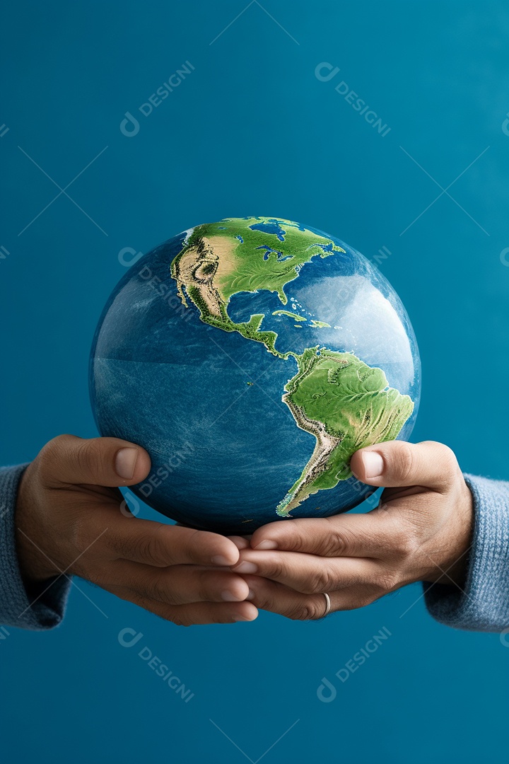 Mão segurando um globo terrestre azul