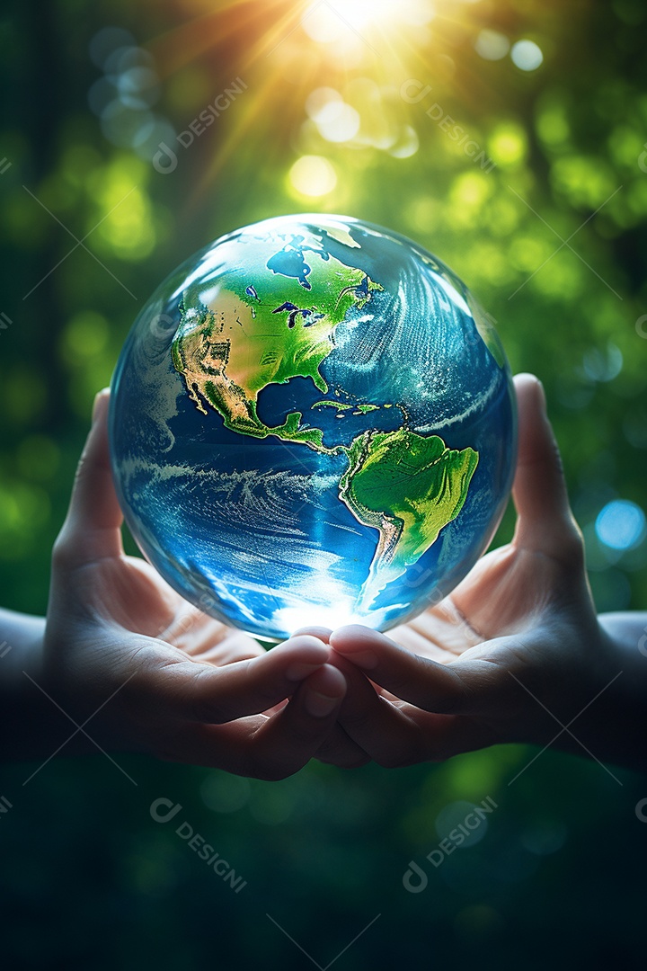 Mão segurando um globo terrestre azul
