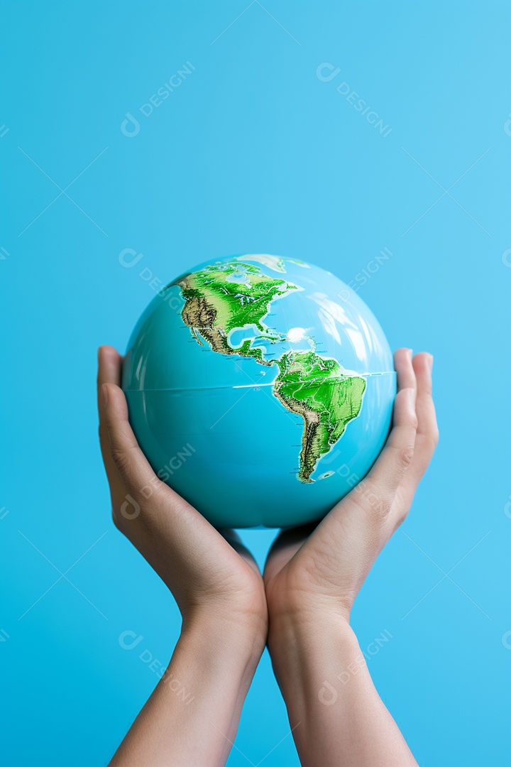 Mão segurando um globo terrestre azul