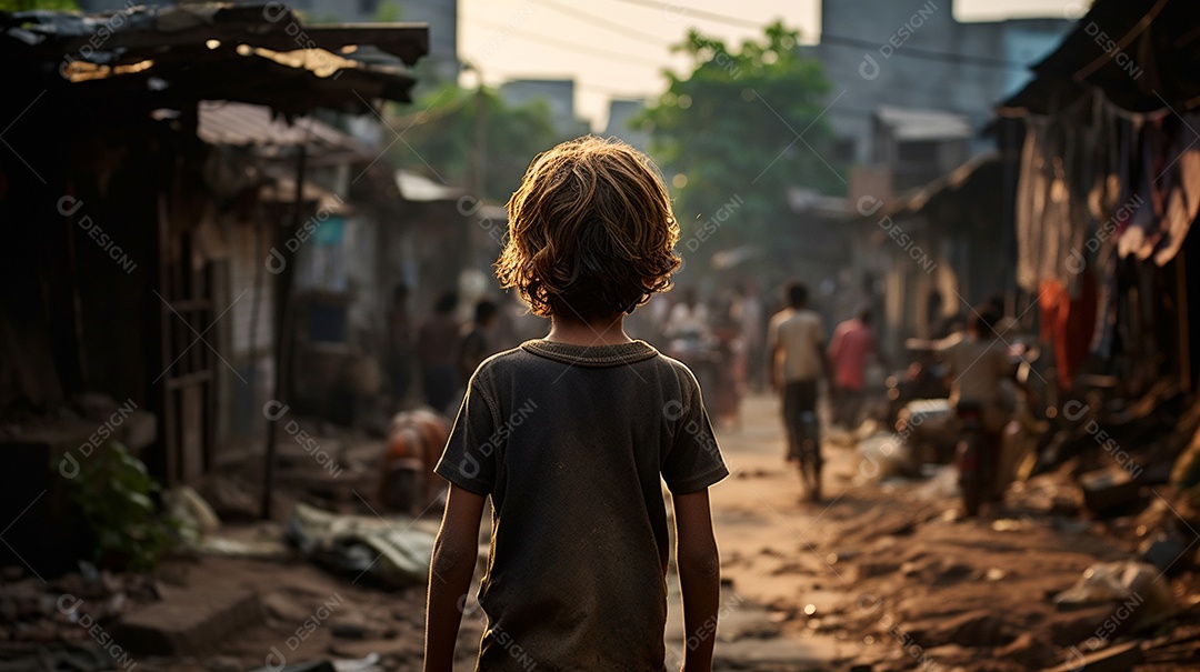 Um menino faminto em uma favela