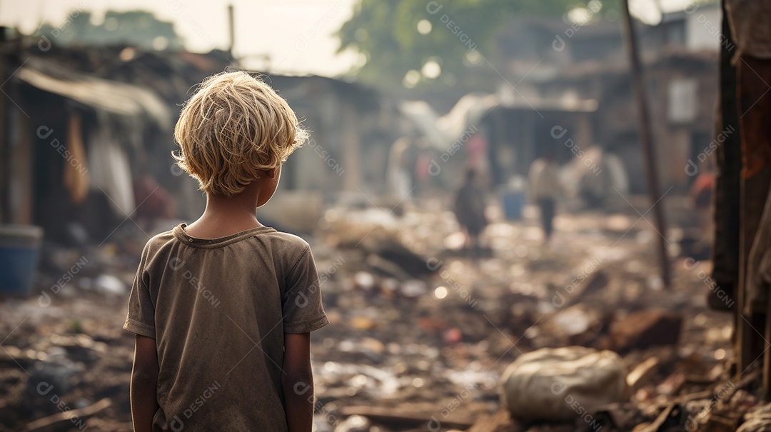 Um menino faminto em uma favela