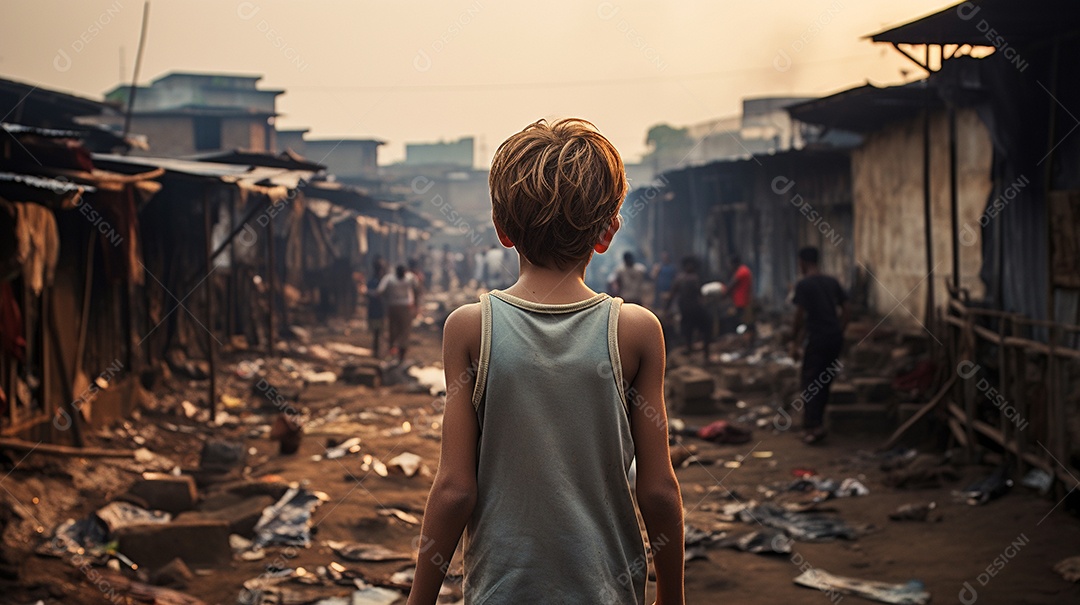 Um menino faminto em uma favela