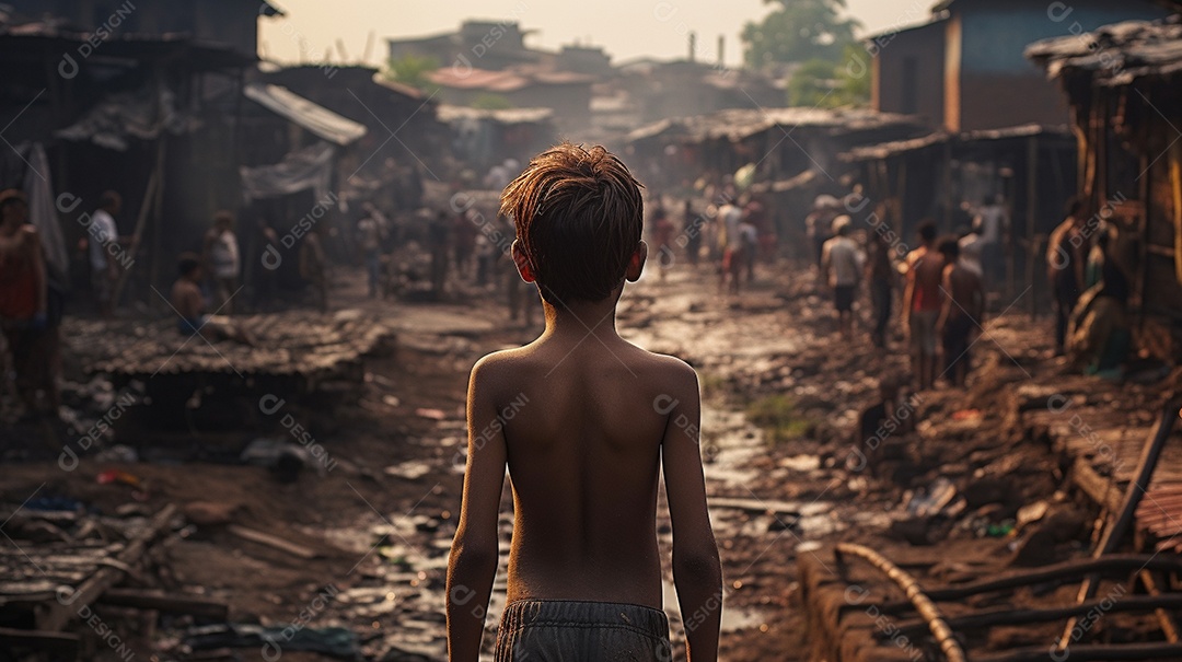 Um menino faminto em uma favela