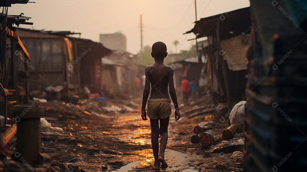 Um menino faminto em uma favela