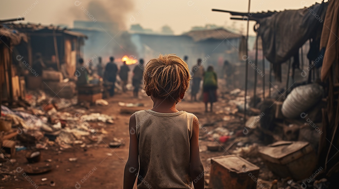 Um menino faminto em uma favela