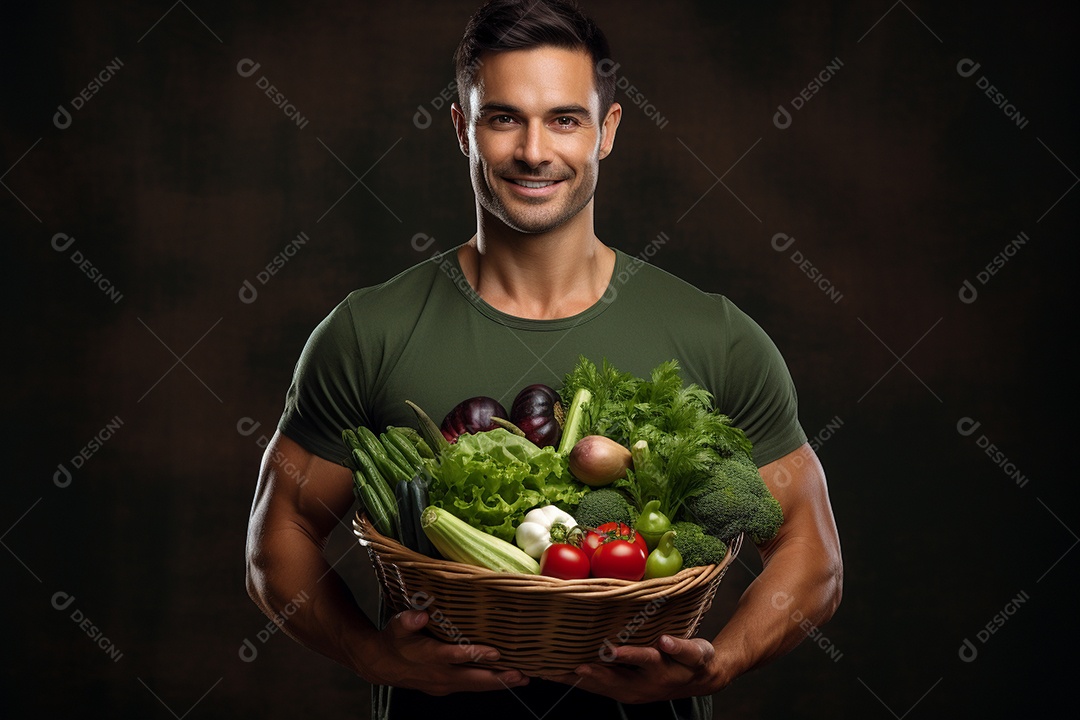 Jovem agricultor segurando legumes frescos em uma cesta