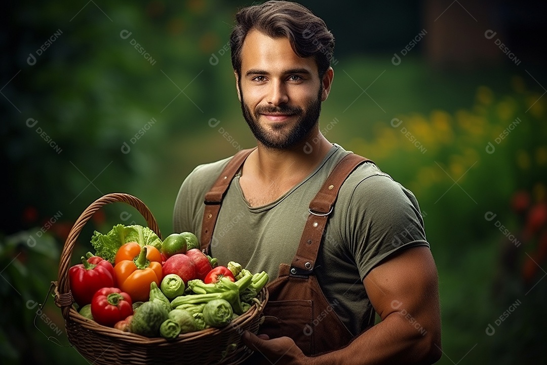 Jovem agricultor segurando legumes frescos em uma cesta
