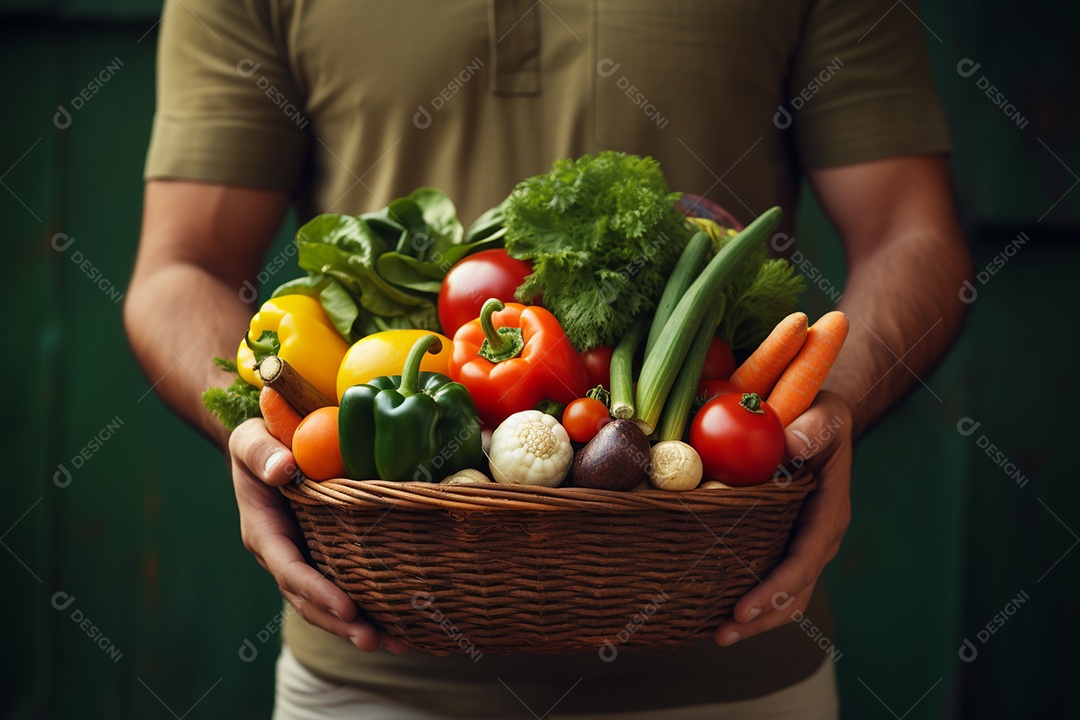 Jovem agricultor segurando legumes frescos em uma cesta