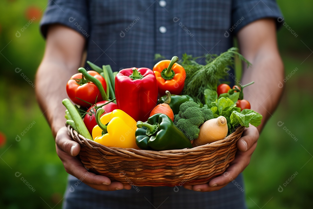 Jovem agricultor segurando legumes frescos em uma cesta