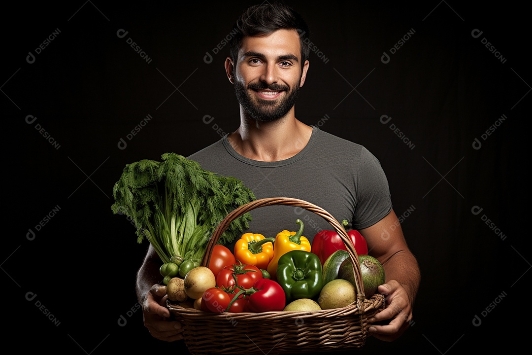 Jovem agricultor segurando legumes frescos em uma cesta