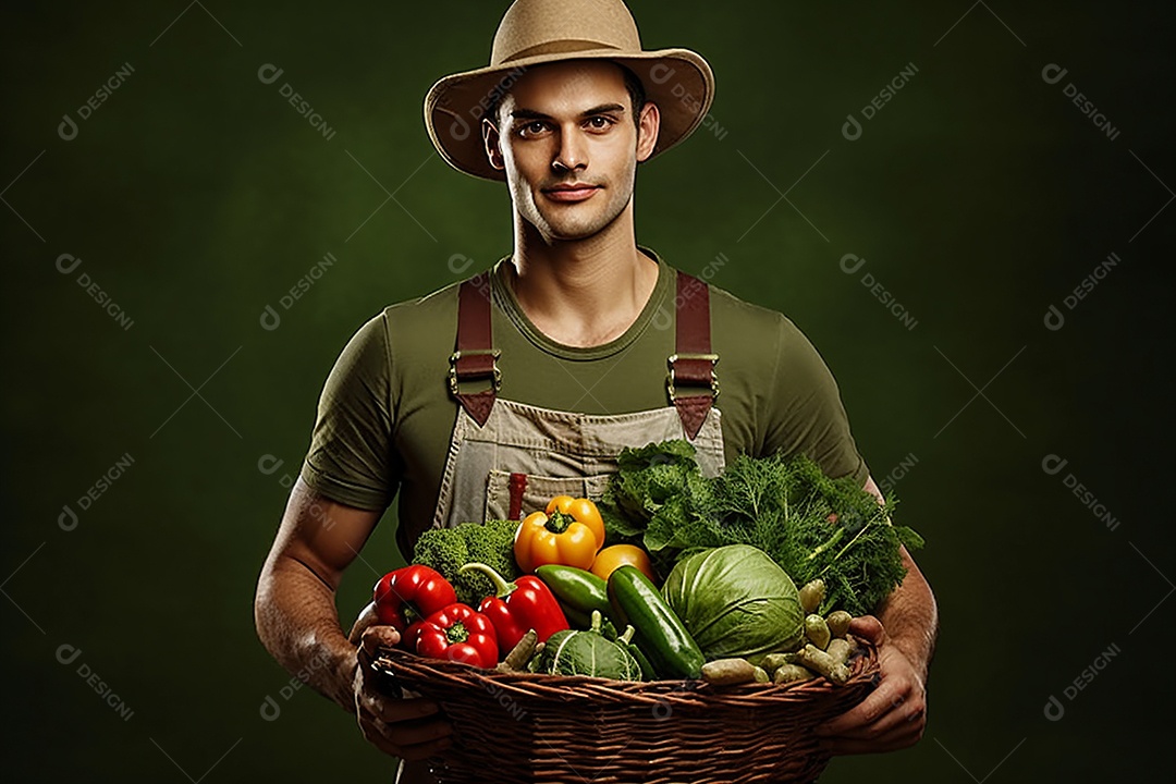 Jovem agricultor segurando legumes frescos em uma cesta