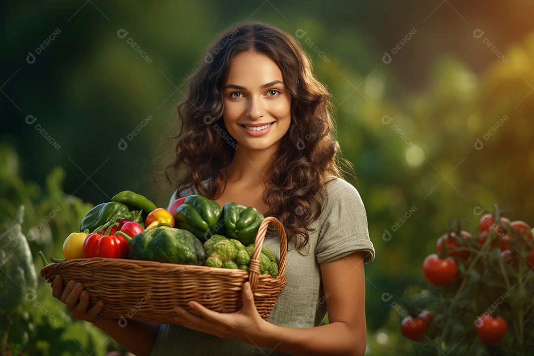 Jovem agricultora segurando legumes frescos em uma cesta