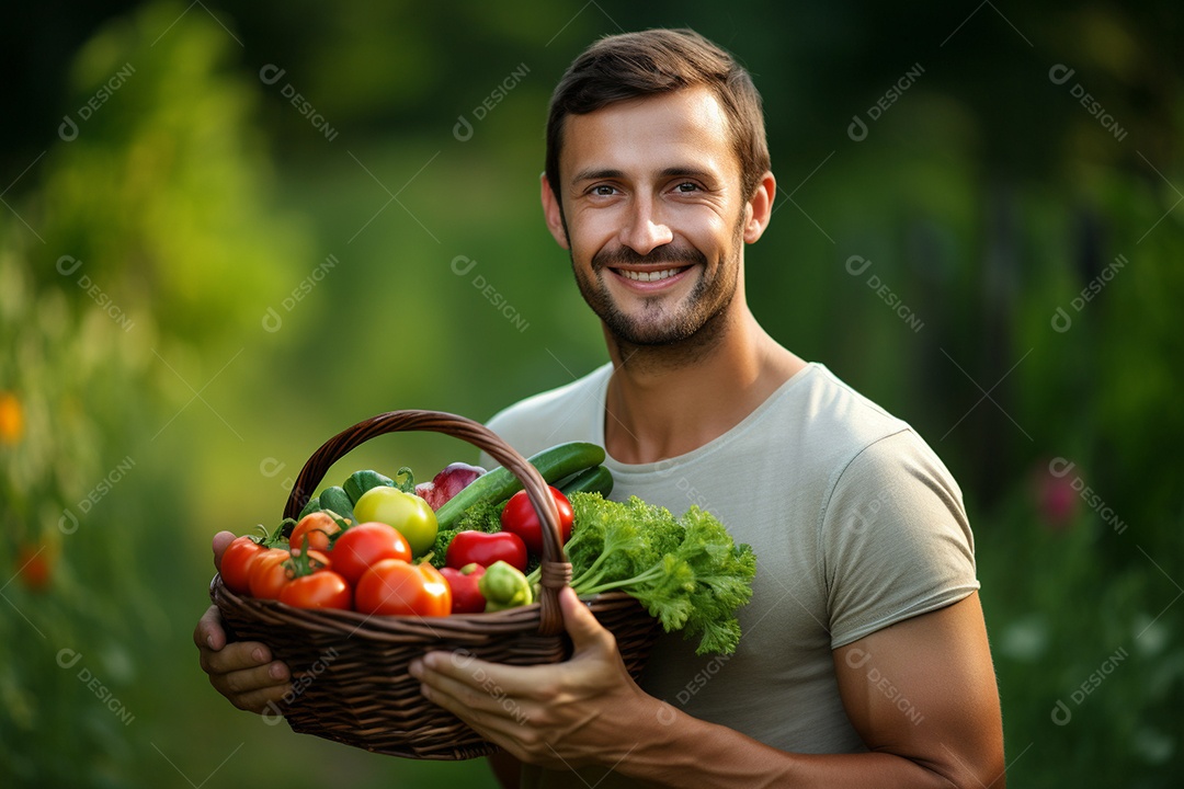 Jovem agricultor segurando legumes frescos em uma cesta