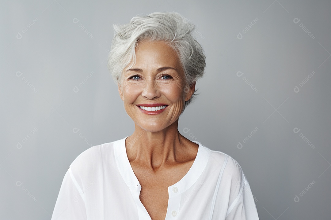 Mulher sênior madura em camiseta branca