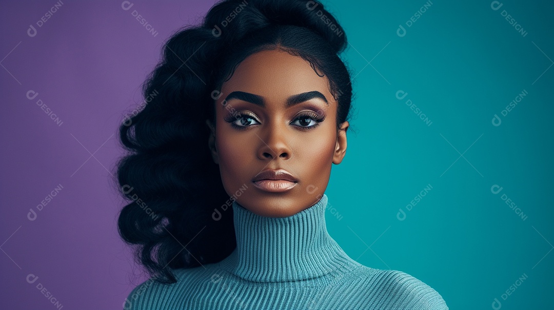 Linda mulher negra com suéter de lã azul