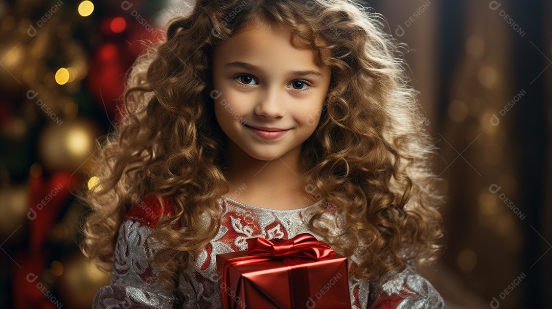 Retrato de uma linda garotinha negra com uma caixa de presente