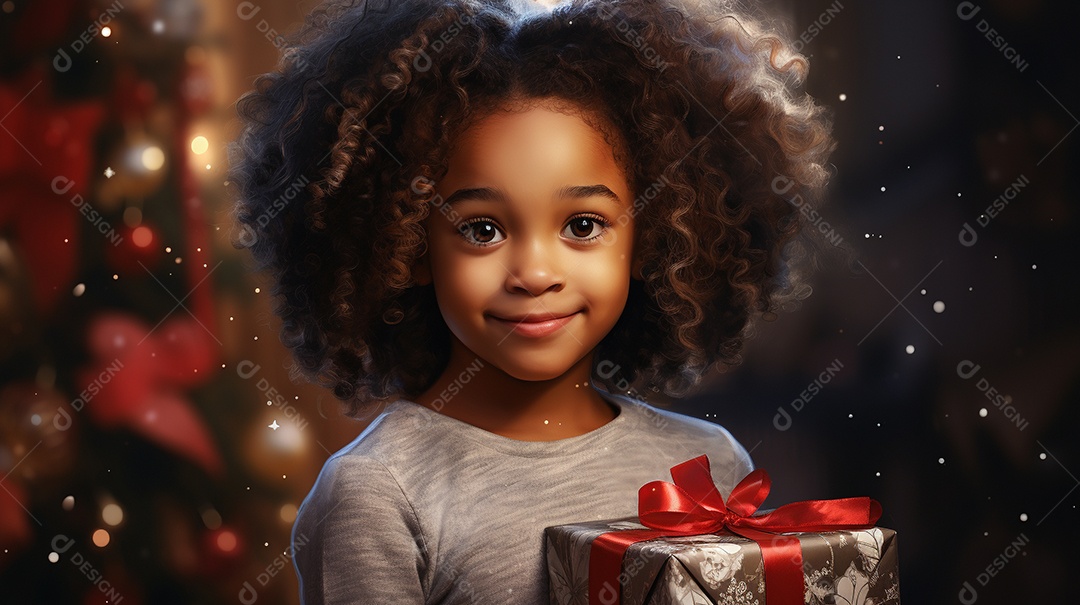 Retrato de uma linda garotinha negra com uma caixa de presente