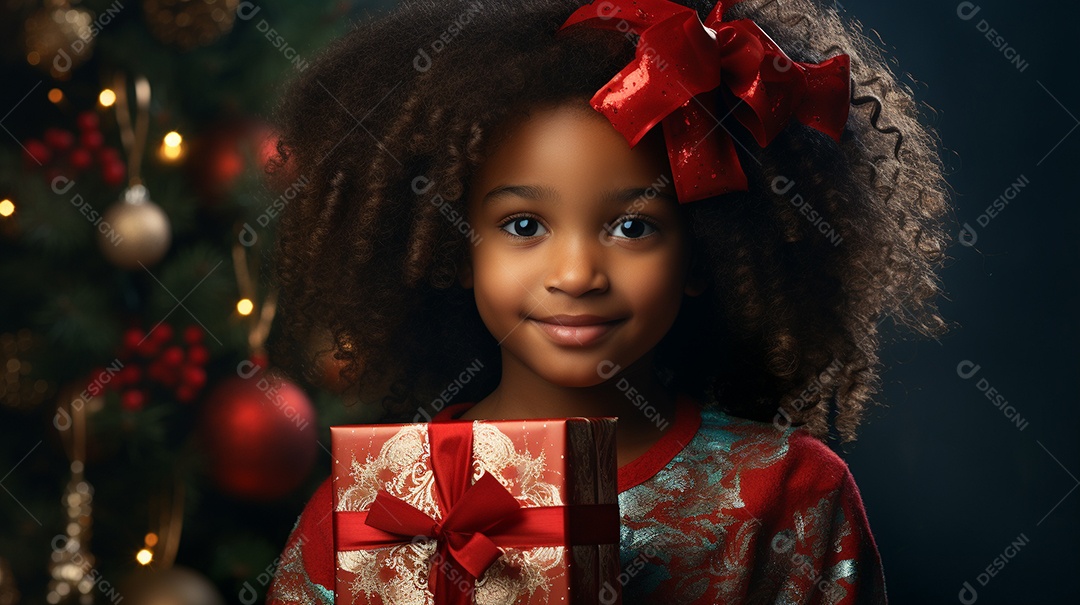 Retrato de uma linda garotinha negra com uma caixa de presente