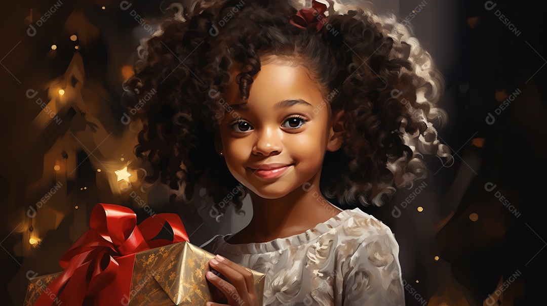 Retrato de uma linda garotinha negra com uma caixa de presente