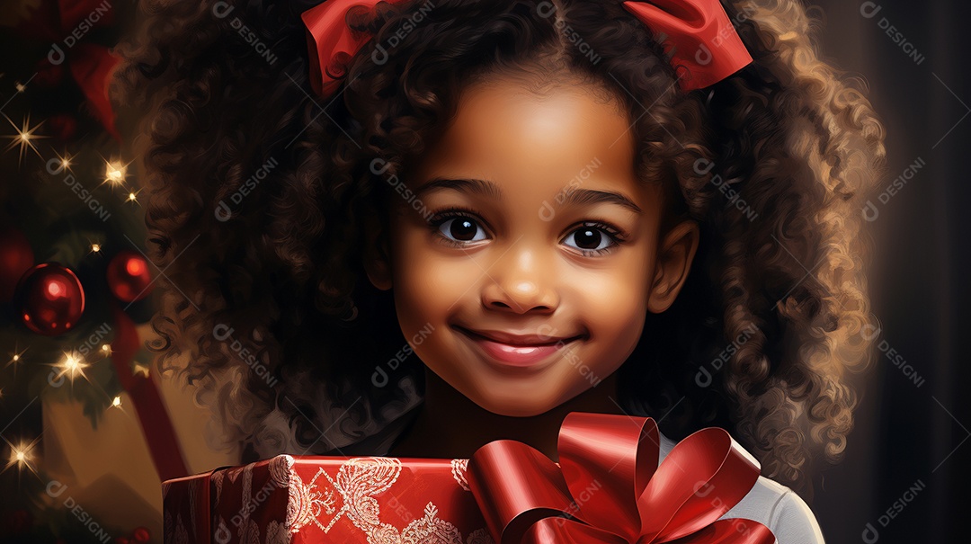 Retrato de uma linda garotinha negra com uma caixa de presente