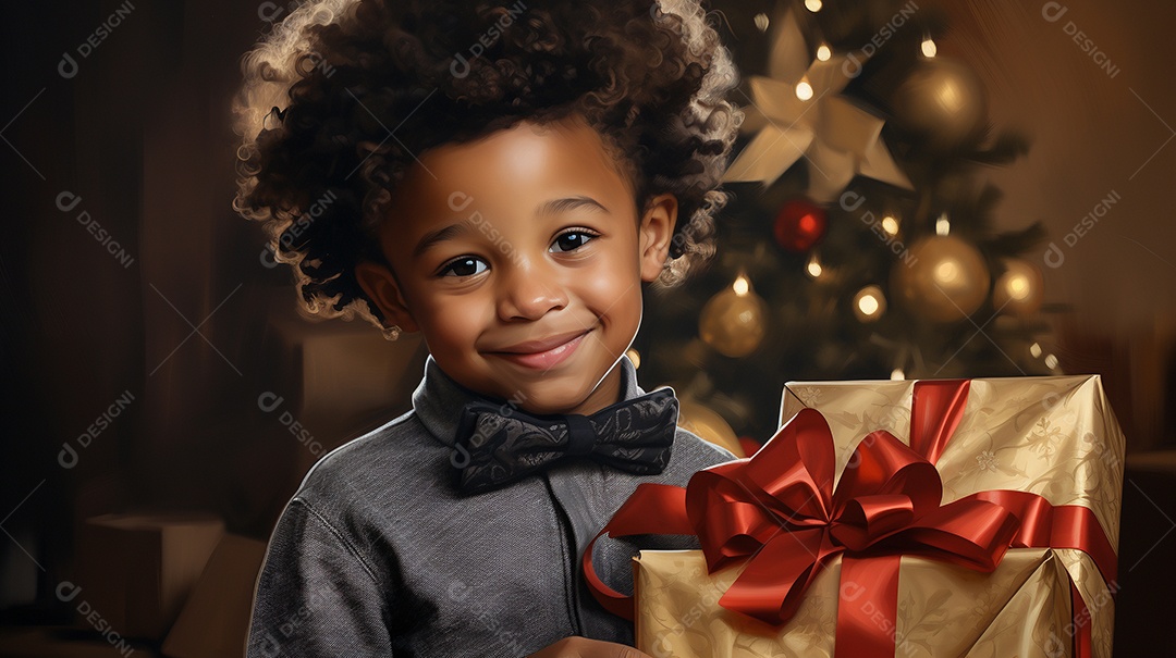 Retrato de um lindo menino negro com uma caixa de presente