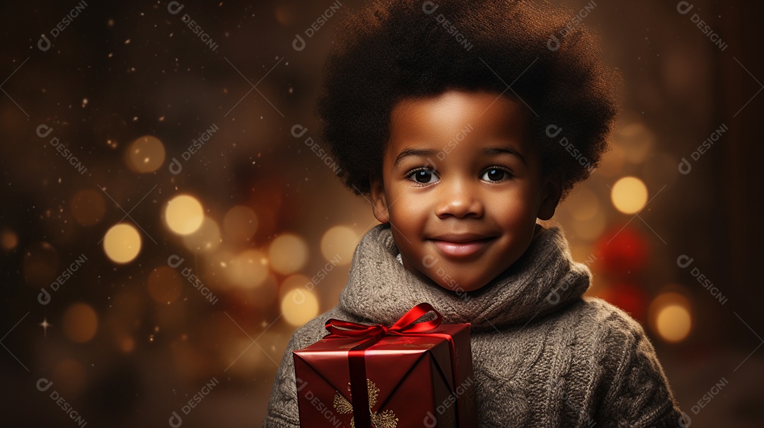 Retrato de um lindo menino negro com uma caixa de presente