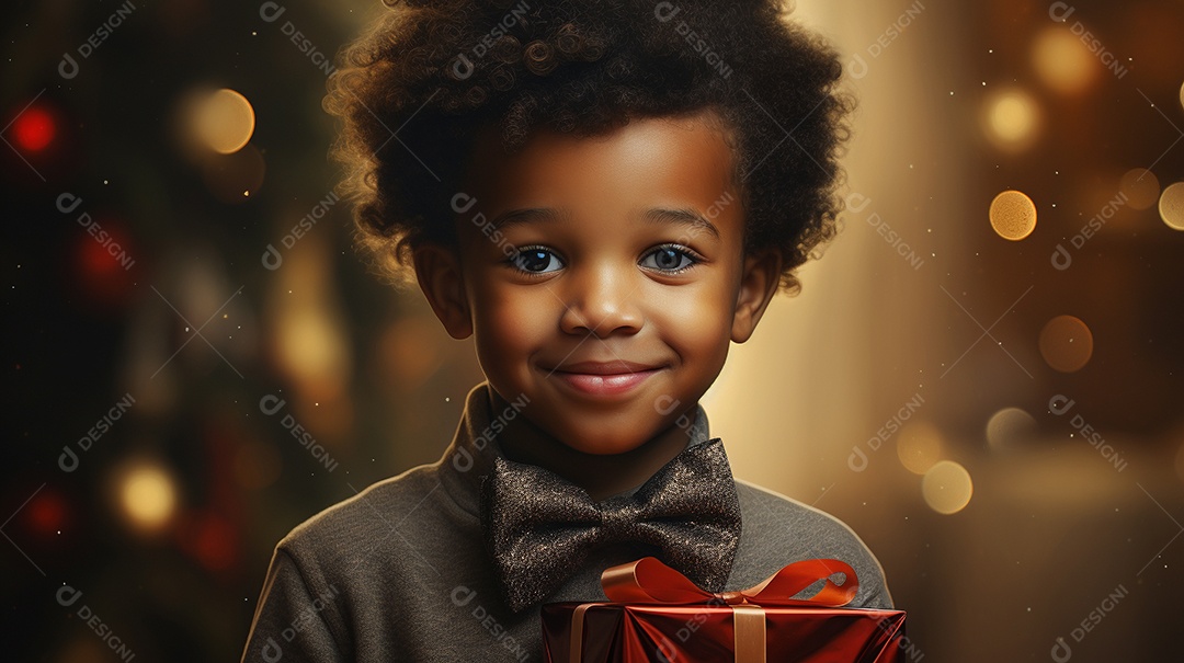 Retrato de um lindo menino negro com uma caixa de presente