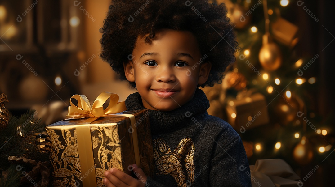 Retrato de um lindo menino negro com uma caixa de presente
