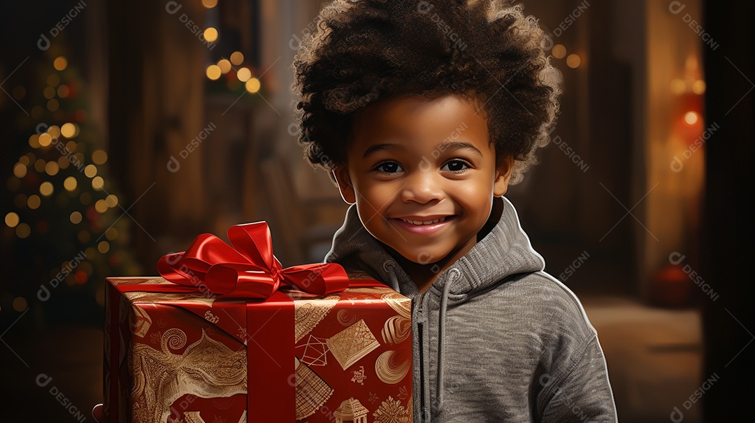 Retrato de um lindo menino negro com uma caixa de presente