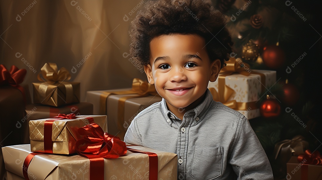 Retrato de um lindo menino negro com uma caixa de presente