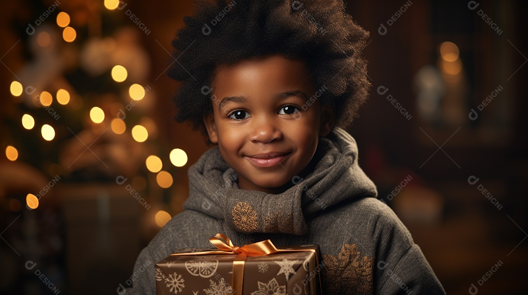 Retrato de um lindo menino negro com uma caixa de presente