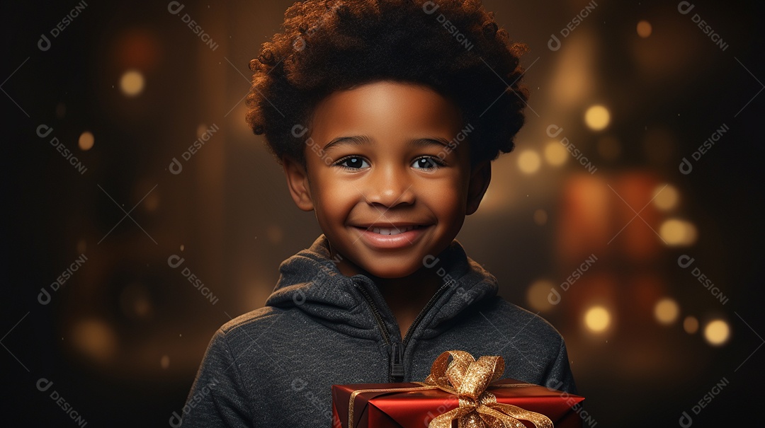 Retrato de um lindo menino negro com uma caixa de presente