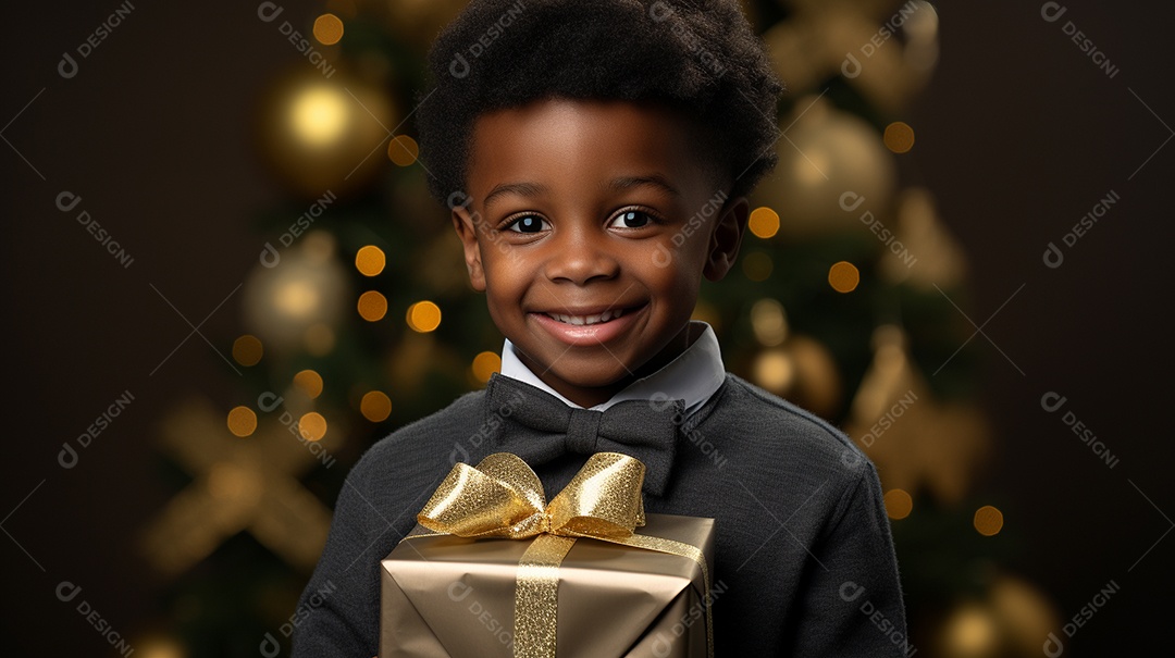 Retrato de um lindo menino negro com uma caixa de presente