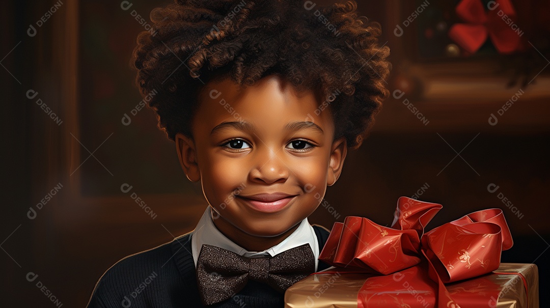 Retrato de um lindo menino negro com uma caixa de presente