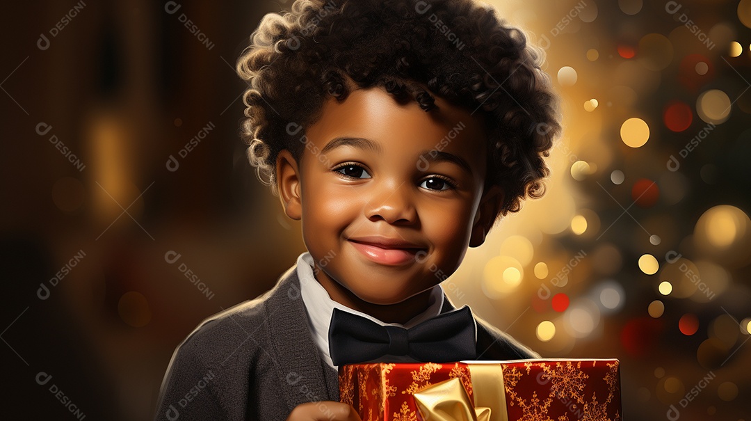 Retrato de um lindo menino negro com uma caixa de presente