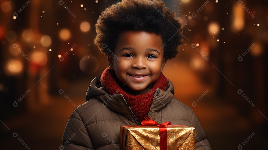 Retrato de um lindo menino negro com uma caixa de presente