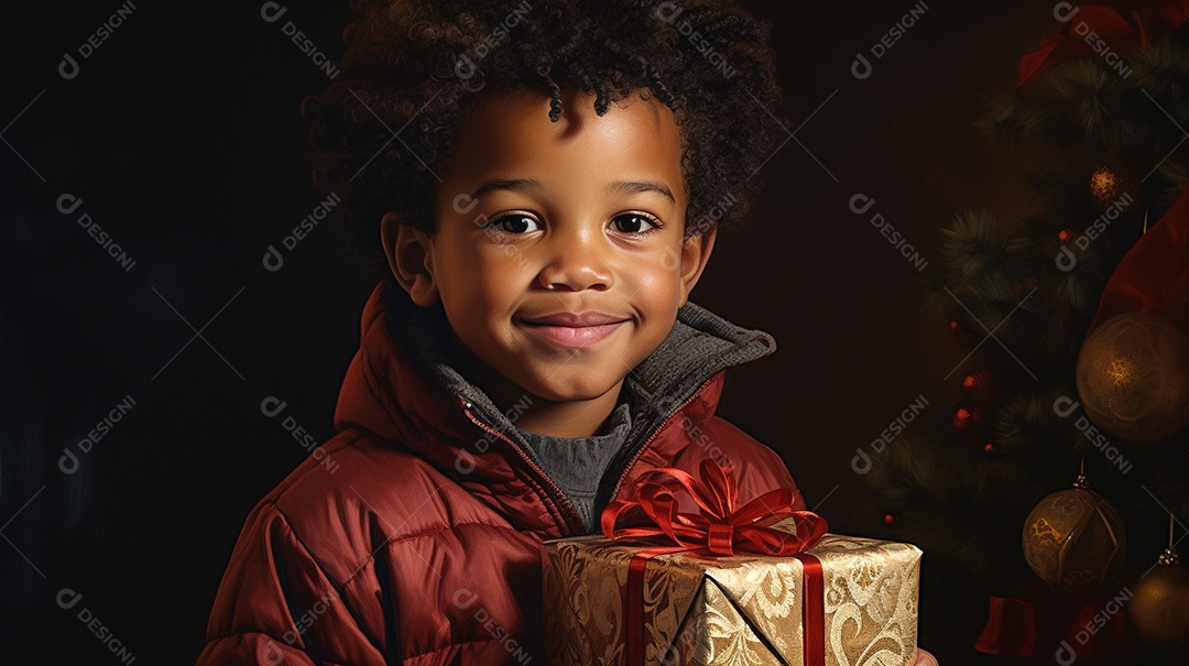 Retrato de um lindo menino negro com uma caixa de presente