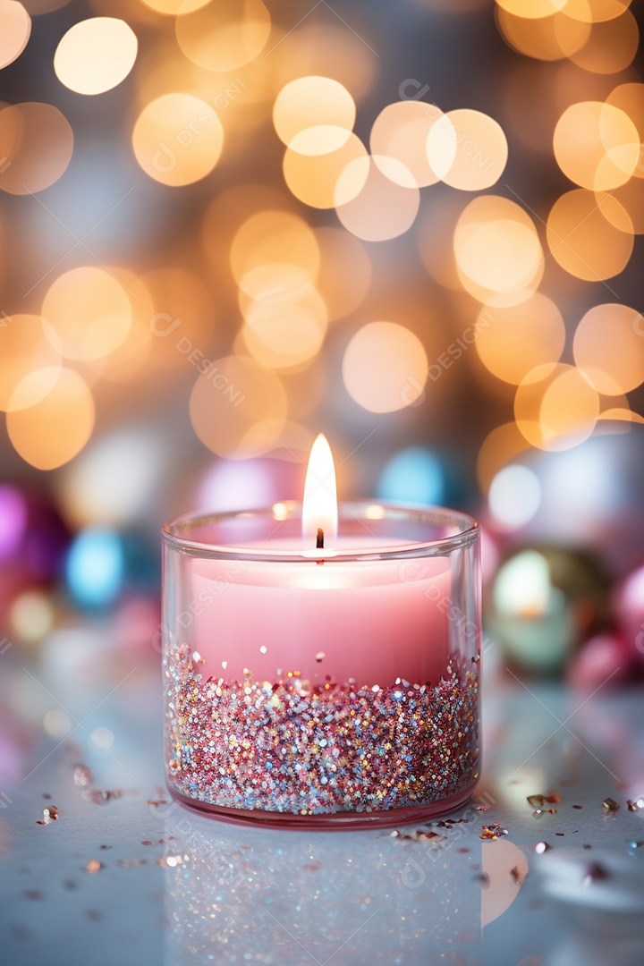 Vela acesa em vidro no fundo bokeh