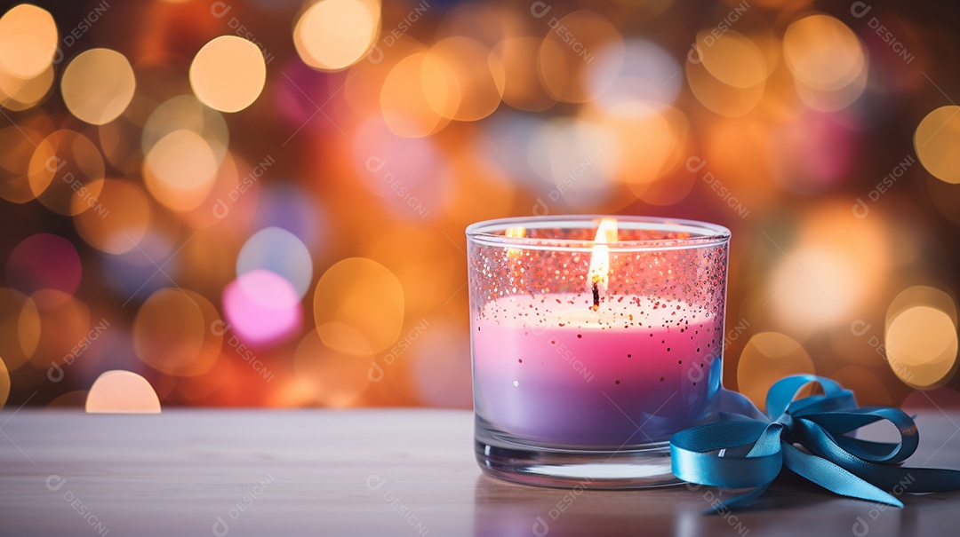 Vela acesa em vidro no fundo bokeh