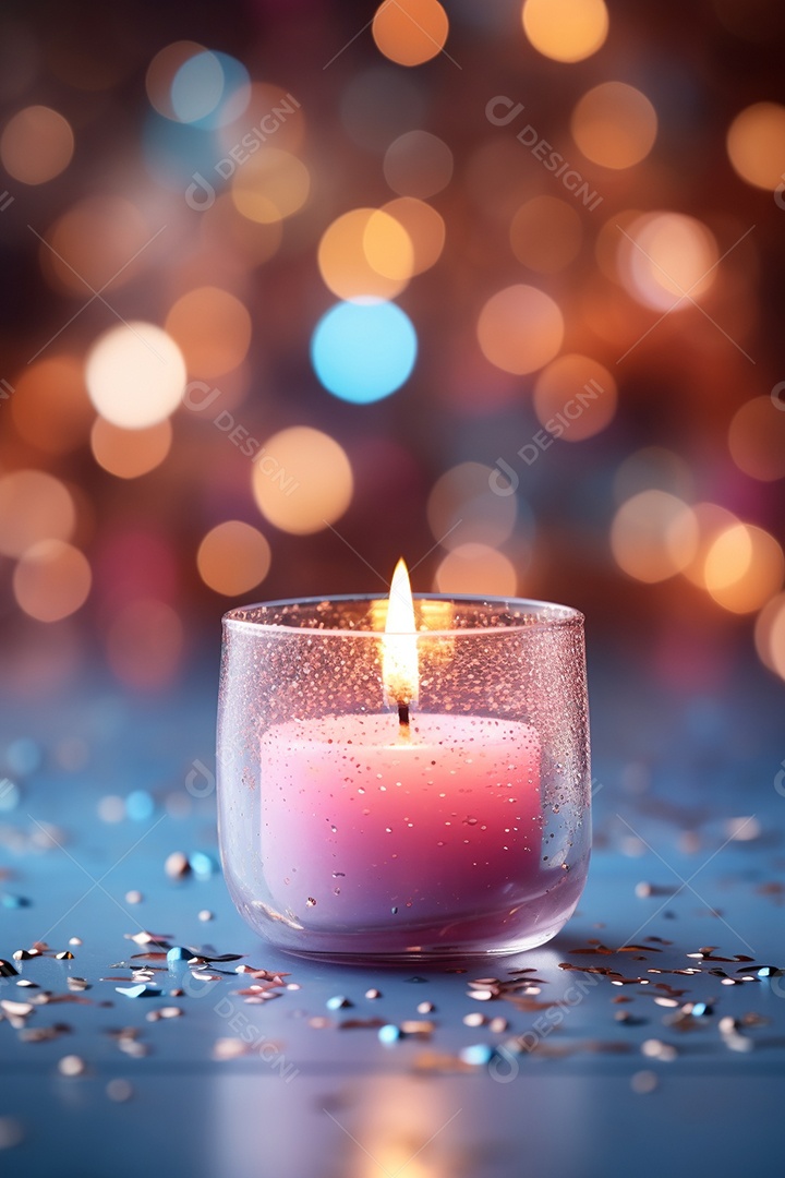 Vela acesa em vidro no fundo bokeh