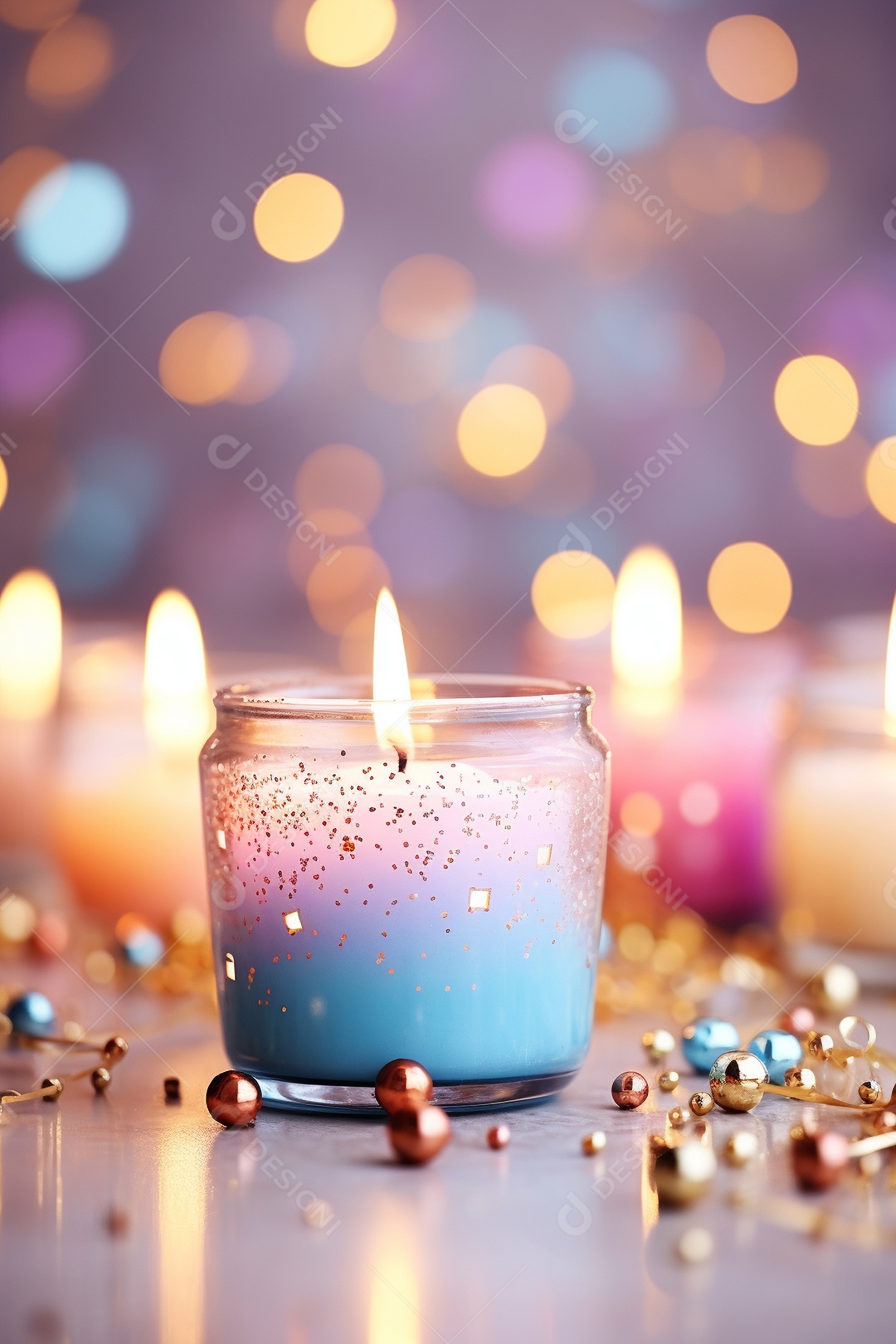 Vela acesa em vidro no fundo bokeh