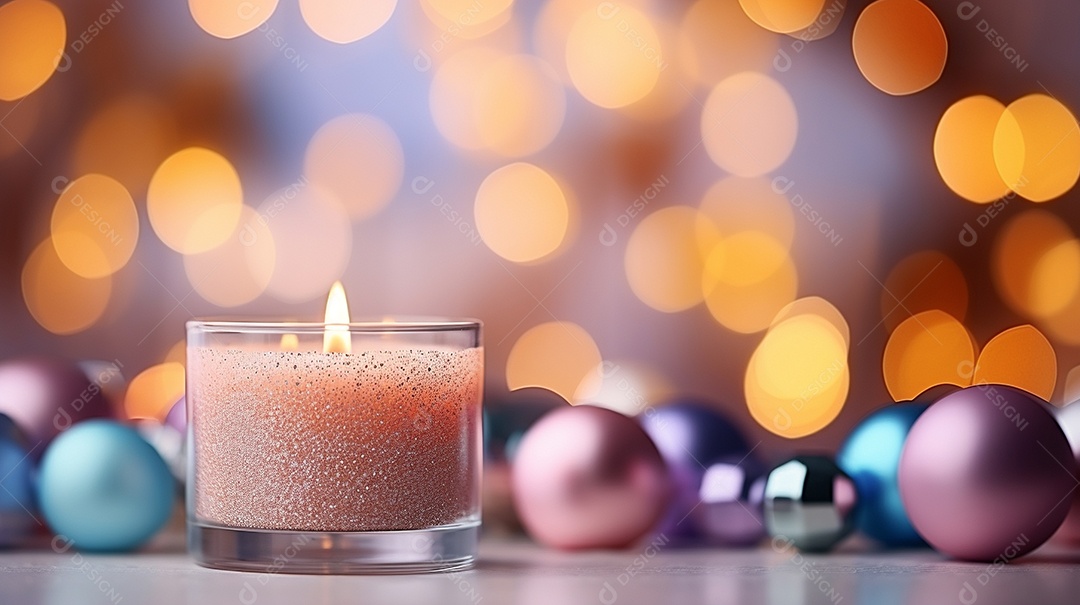 Vela acesa em vidro no fundo bokeh