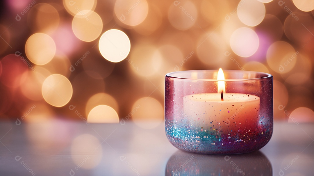 Vela acesa em vidro no fundo bokeh