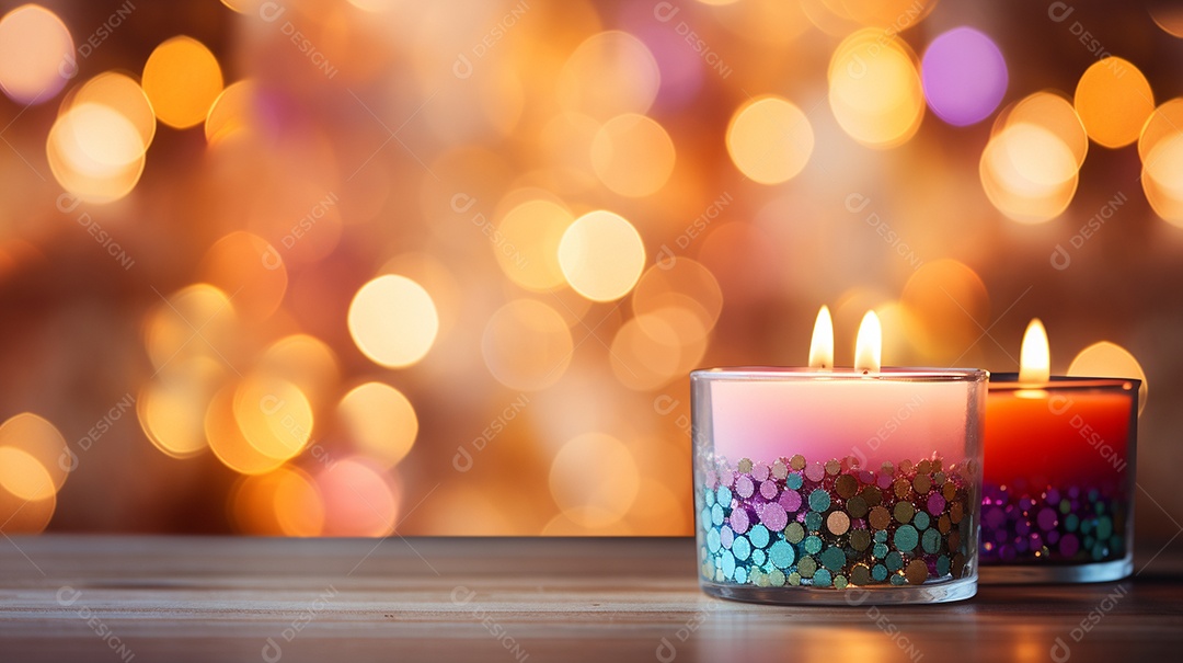 Vela acesa em vidro no fundo bokeh