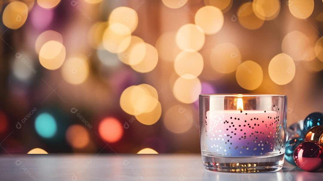 Vela acesa em vidro no fundo bokeh
