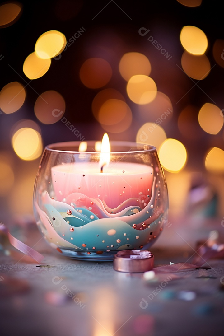 Vela acesa em vidro no fundo bokeh